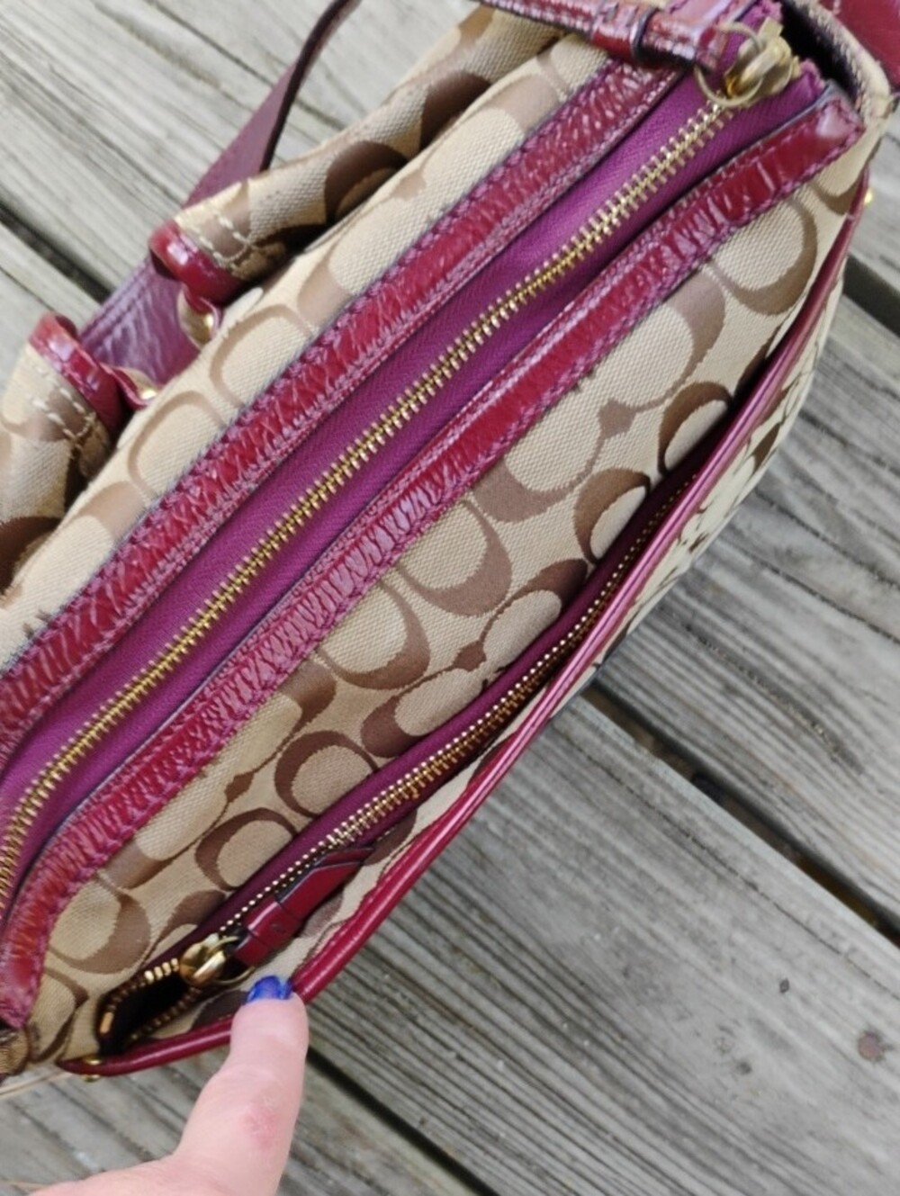 Coach Canvas Shoulder Bag with Dark Wine Red Patent Leather Trim - Picture 6 of 15